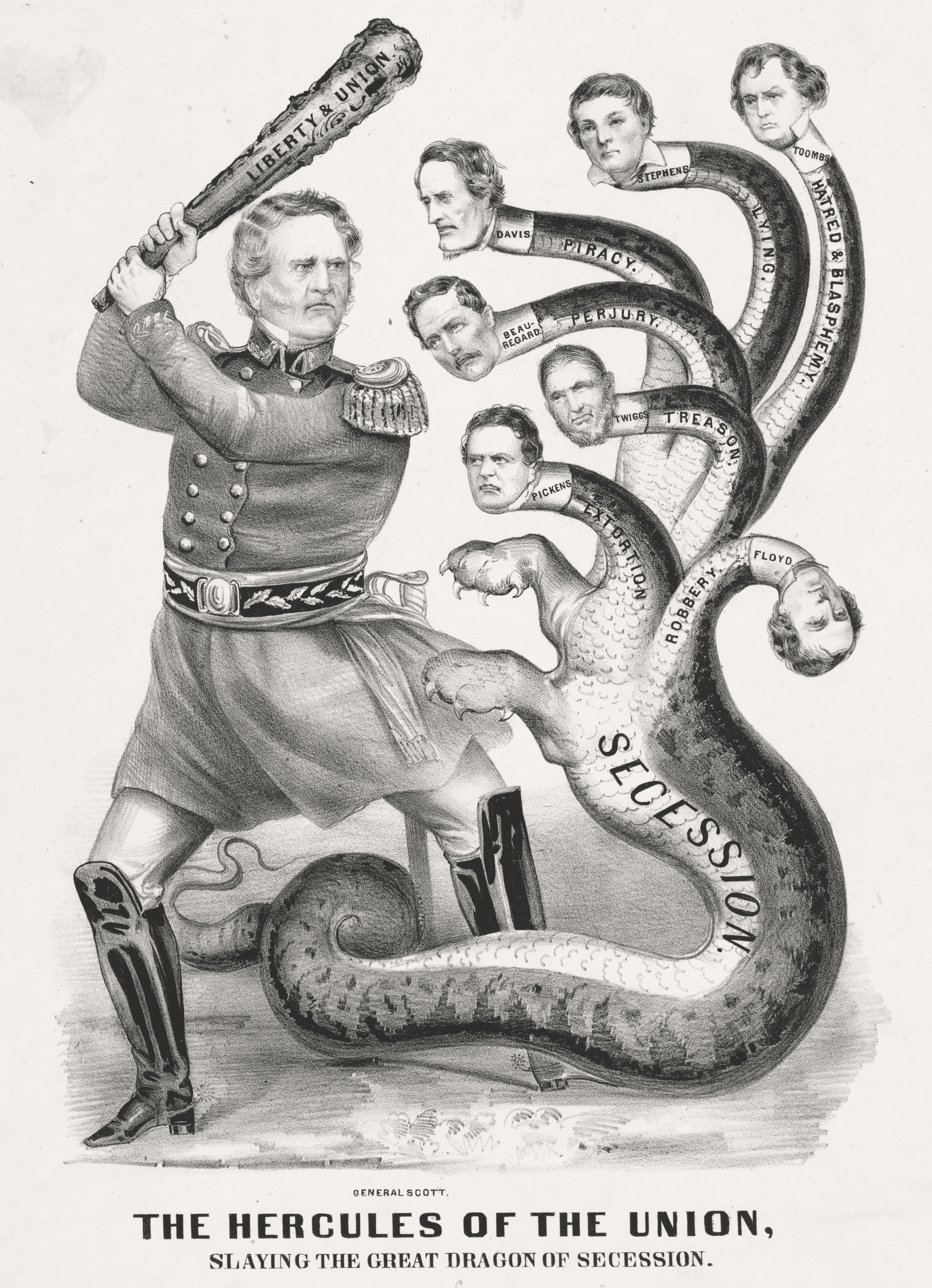 "The Hercules of the Union" (1861): General Winfield Scott, the Union commander at the beginning of the Civil War, is the mythical Hercules slaying a many-headed dragon. The dragon, or hydra, symbolizes the secession of the Confederate states. The faces on the serpent are of major Confederate leaders.